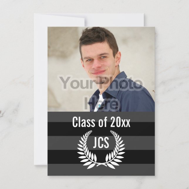 Foto Graduation Party Monogram Laurel Black Einladung (Vorderseite)