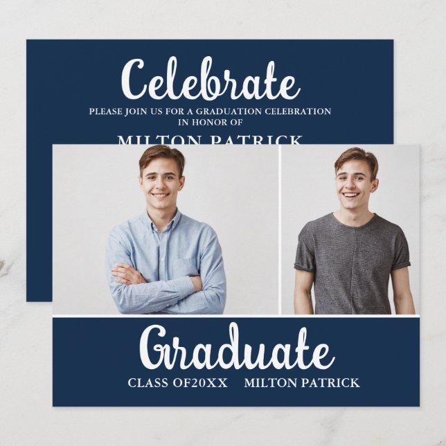 Foto Graduation Party (Navy Blue White Handwriting Einladung (Vorne/Hinten)