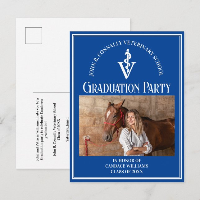 Foto-Graduationspartei der Blue Veterinary School Einladungspostkarte (Vorne/Hinten)
