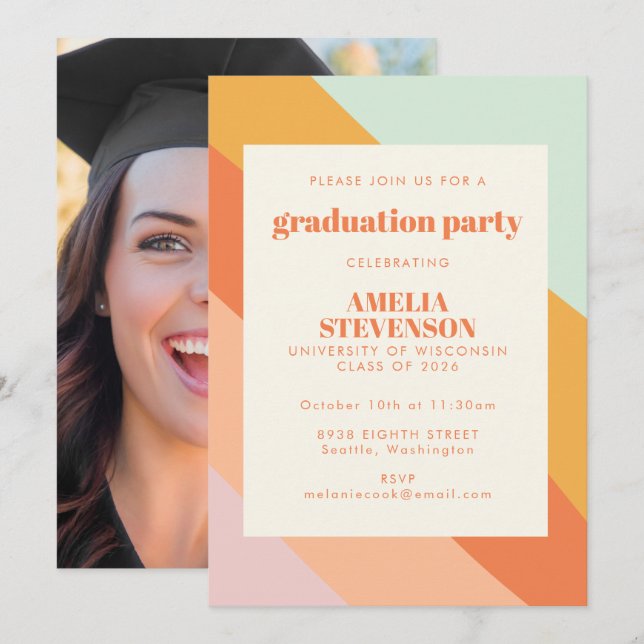 Foto-Graduationspartei für Mini-Peach-Retro-Streif Einladung (Vorne/Hinten)