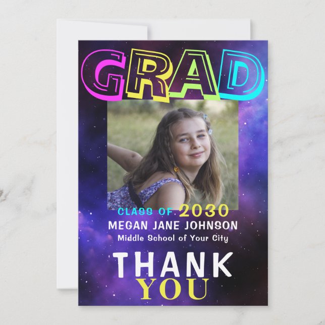 Foto Graduiertenneon Glühen 8. Klasse grad Typogra Dankeskarte (Vorderseite)