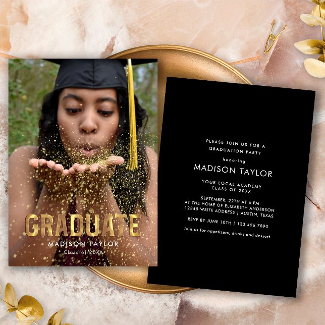 Foto-Graduierungspartei für Schwarz-Gold-Typografi Einladung (Von Creator hochgeladen)