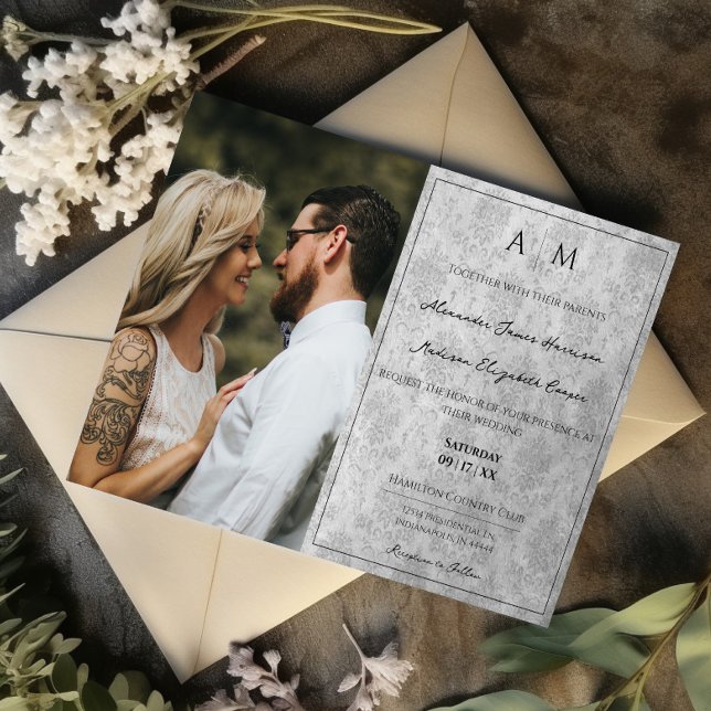 Foto Gray Damask Monogram Wedding Einladung (Gray Photo Damask Monogram Wedding Invitation)