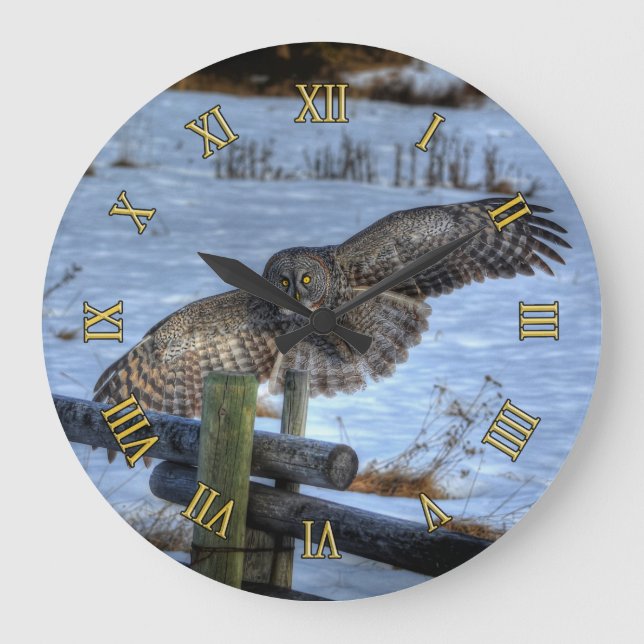 Foto "Great Gray Owl Wildlife Portrait II" Große Wanduhr (Vorderseite)