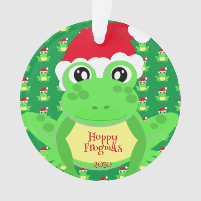 Foto Green Frog Weihnachtsmannmütze Muster Niedlic Ornament (Vorderseite)