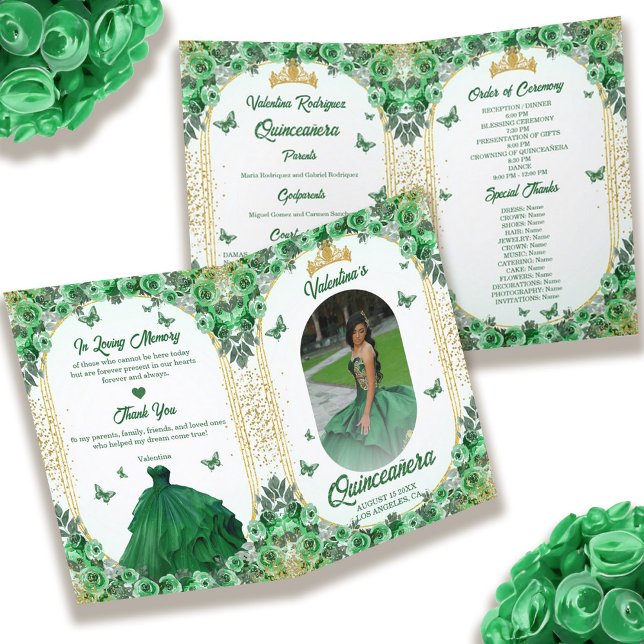 Foto Green Gold Glitzer Floral Quinceanera Programm (Photo Green Gold Glitter Floral Quinceanera Program)