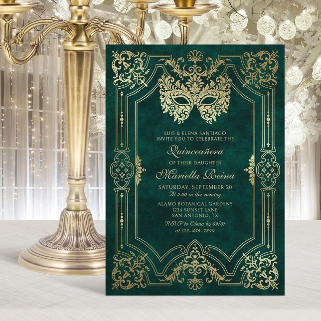 Foto Green Gold Masquerade Quinceanera Einladung (Von Creator hochgeladen)