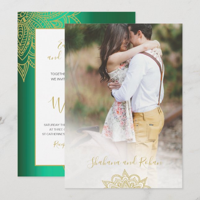 Foto Green Gold Moderne Chic Hochzeit im indischen Einladung (Vorne/Hinten)
