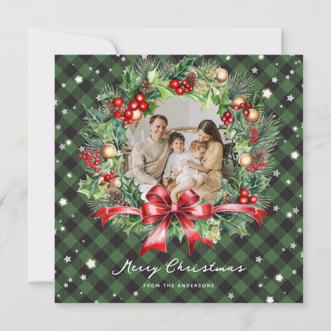 Foto Green Kariert Wreath Stars Frohe Weihnachten (Vorderseite)