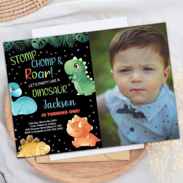 Foto Green Orange Black Dinosaurier Geburtstag Einladung (Photo Green Orange Black Dinosaur Birthday Invitation)