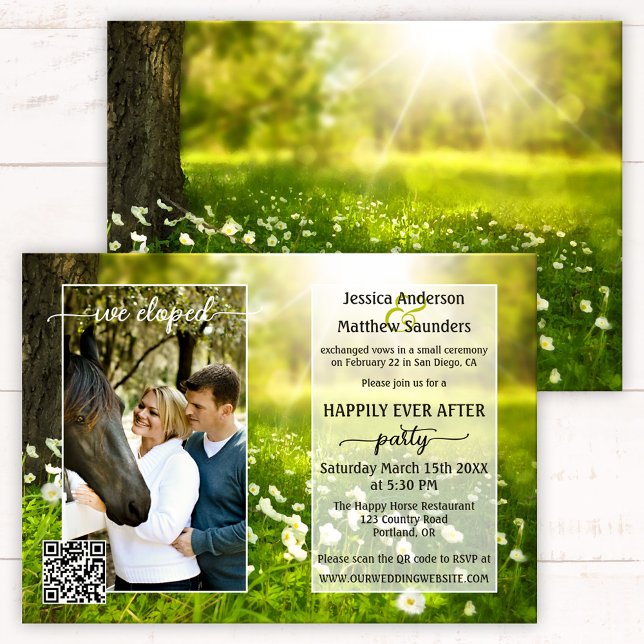 Foto Green Spring Script Country Post Hochzeit Einladung (Happily ever after wedding invitation with your photo framed on a spring meadow with flowers - QR)