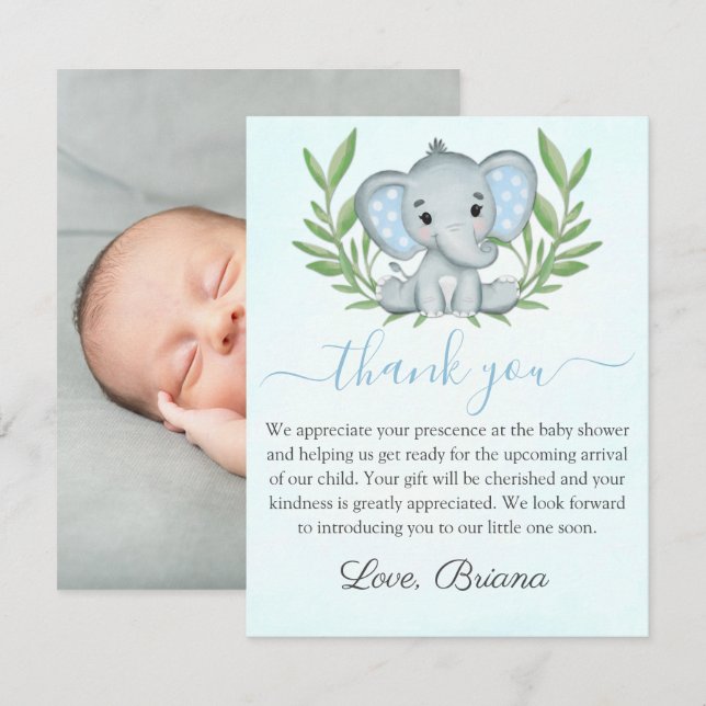 Foto Greenery Elephant Foto Boy Baby Shower Invi Einladung (Vorne/Hinten)