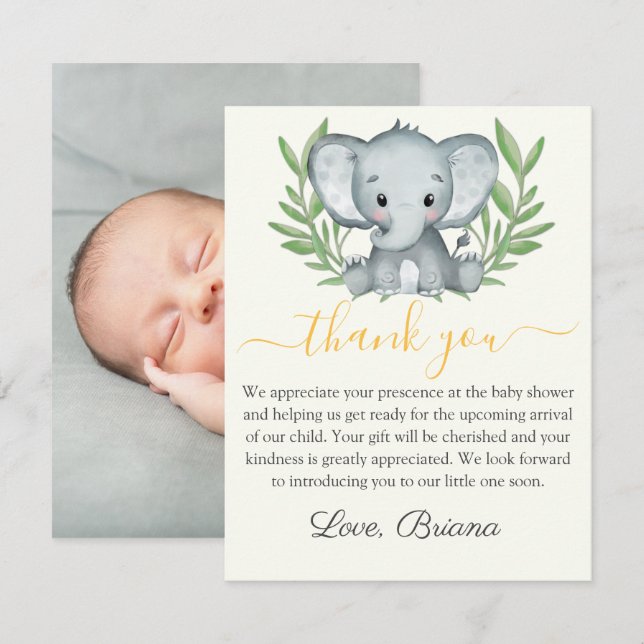 Foto Greenery Elephant Neutral Baby Dusche Einladung (Vorne/Hinten)