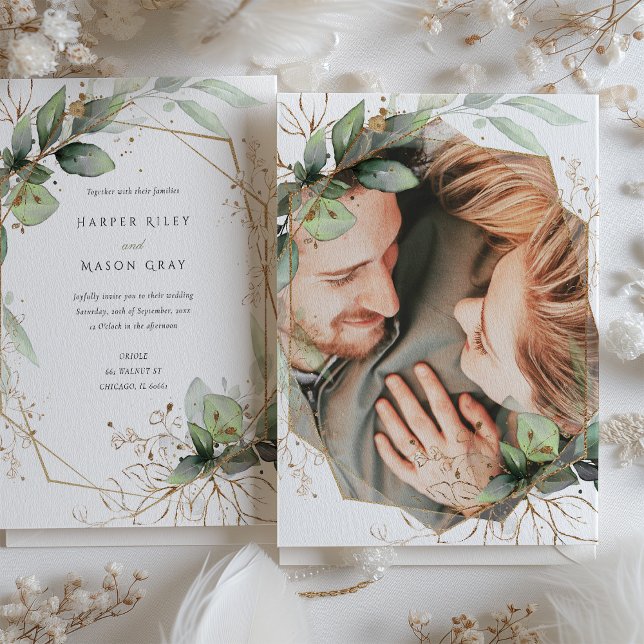 Foto Greenery und Imitate Goldene Hochzeit Einladung (Von Creator hochgeladen)