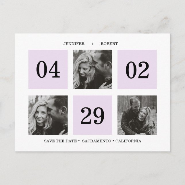 Foto Grid Collage | Lavendel | SAVE THE DATE Ankündigungspostkarte (Vorderseite)