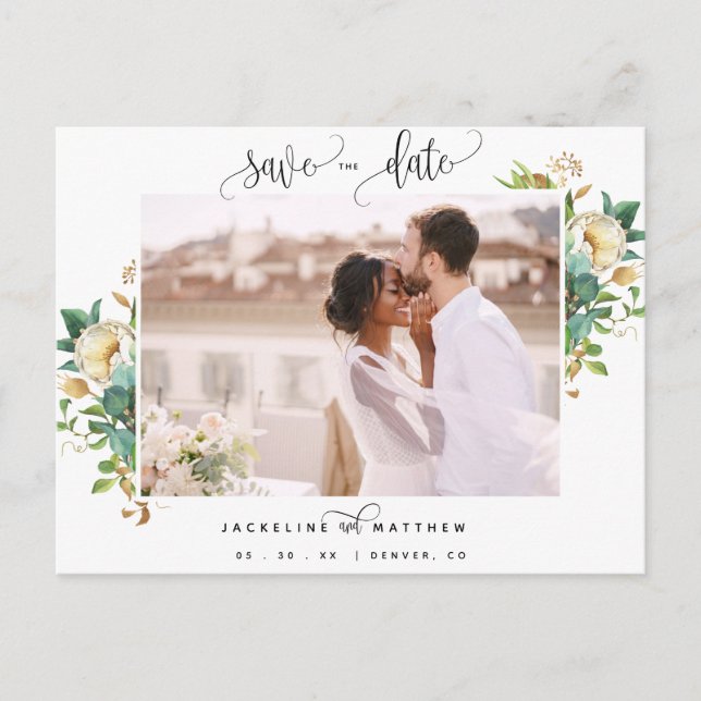 Foto, Grün und Weiß, Hochzeit speichern Sie das Da Postkarte (Vorderseite)