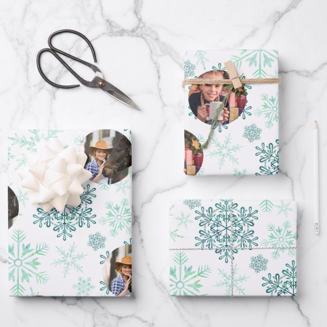 Foto Grüne Schneeflocken Set 3 Geschenkpapier Set (Vorderseite)