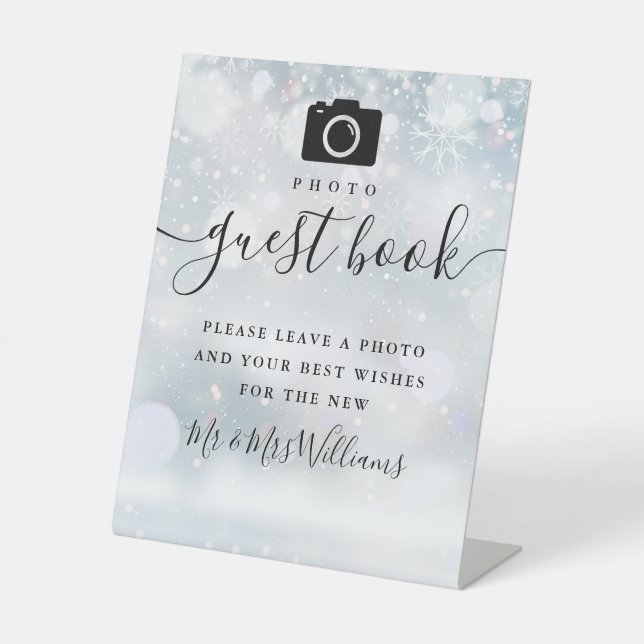 Foto Guest Book Black Signature Script Winter Sockelschild (Vorderseite)