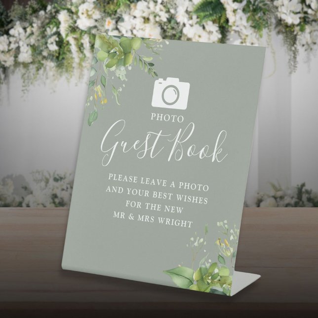 Foto Guest Book Greenery Sage Green Wedding Sockelschild (Photo Guest Book Greenery Sage Green Wedding Pedestal Sign)