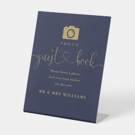 Foto Guest Book Navy Blue und Gold Script Sockelschild