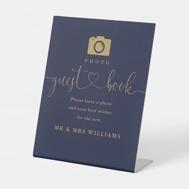 Foto Guest Book Navy Blue und Gold Script Sockelschild (Vorderseite)
