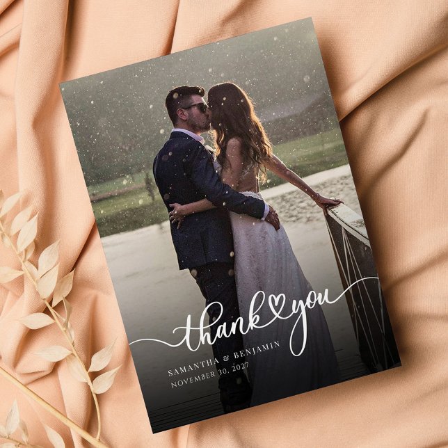 Foto Hand-Buchstaben Hochzeit Dankeschön-Karte Mitteilungskarte (Wedding Day Couples Photo Thank You Card)
