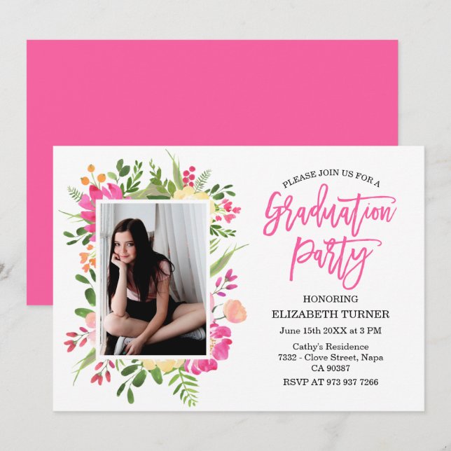 Foto Handschrift Abschluss Blumenschrift Einladung (Vorne/Hinten)