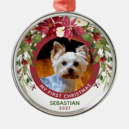 Foto Haustier Erster Weihnachtshund Poinsettia Wre Ornament Aus Metall