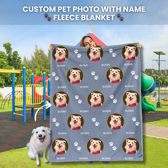 Foto Haustiername Paw Prints Gray Fleece Blanket (Your Dogs Photo and Name Custom Pet Photo Personalized Name Collage Fleece Blanket Dog Lovers)