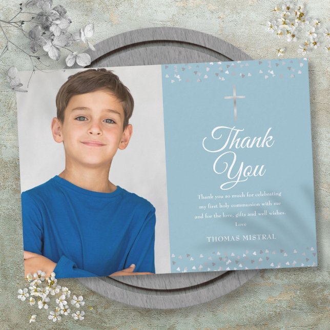 Foto Hearts Confetti Erste Heilige Kommune Dankeskarte (Photo Hearts Confetti First Holy Communion Thank You Card)