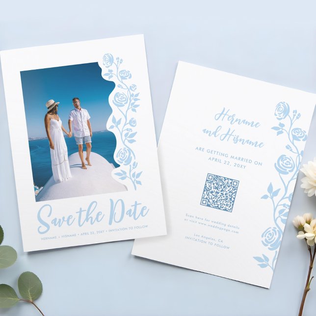 Foto Hellblaue Handgezeichnete Rosen QR-Code-Websi Save The Date (Von Creator hochgeladen)