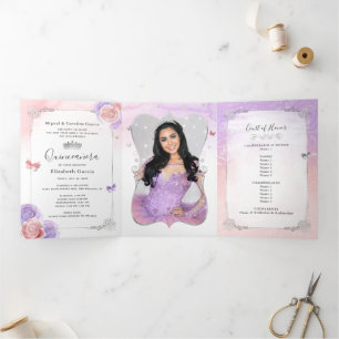 Foto Helllila und Rosa Floral Quinceanera Dreifach Gefaltete Einladung