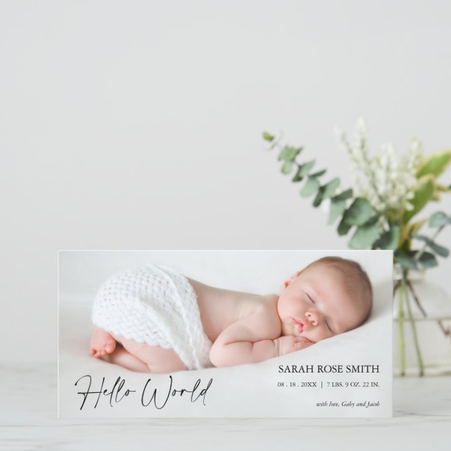 Foto Hello World Birth Ankündigung Fotokarte (Stehend Vorderseite)