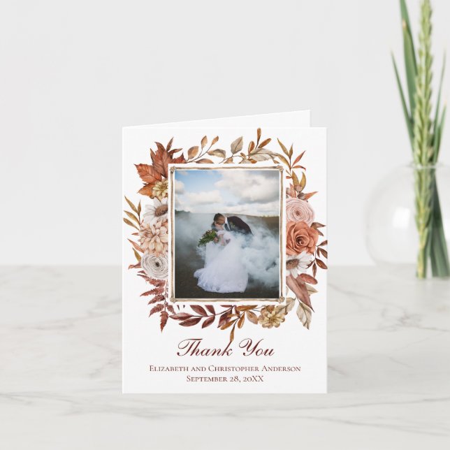 Foto Herbst Herbst Blumenrosa Braun Hochzeit Dankeskarte (Vorderseite)