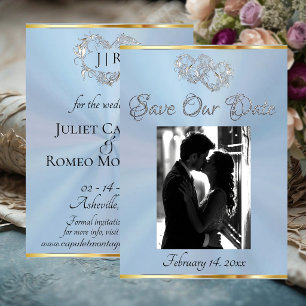Foto, Herzen & Schleife - Pastellblau/Silber Save The Date