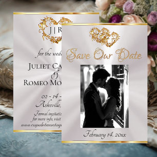Foto, Herzen & Schleife - Weiße Perle/Gold Save Th The Date