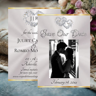 Foto, Herzen & Schleife - Weiße Perle/Silber Save The Date