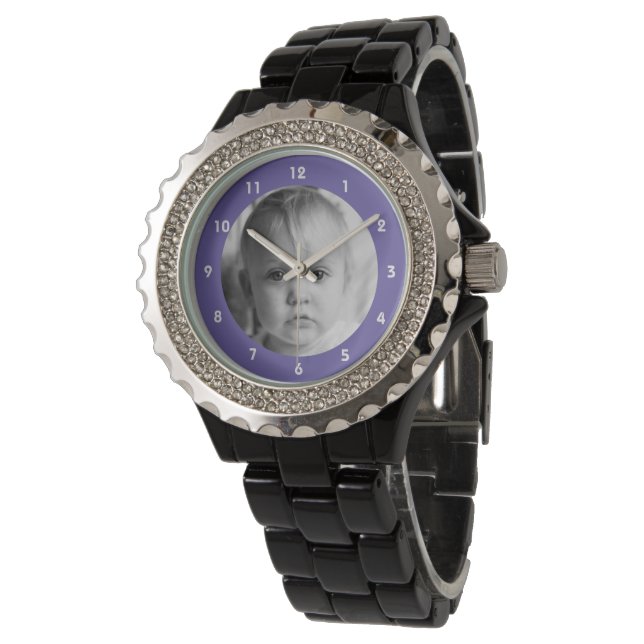 Foto hinzufügen für Mama oder Oma lila Kristall Armbanduhr (Schrägansicht)