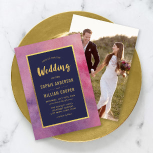 Foto hinzufügen Lila Rosa Aquarell & Gold Hochzeit Einladung