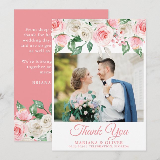 Foto Hochzeit Dankeschön Karte Peach Floral (Vorne/Hinten)