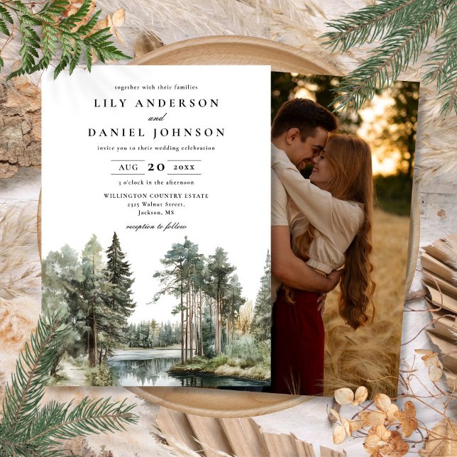 Foto Hochzeit des Waldes auf dem Wasserfarbensee Einladung (Watercolor Lake Forest Woodland Photo Wedding Invitation)