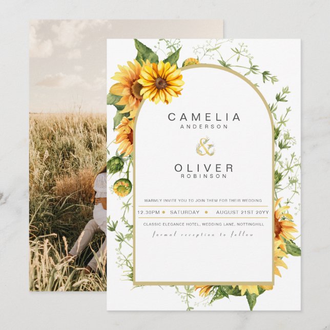 Foto Hochzeit Einladung mit Sonnenblumen (Vorne/Hinten)