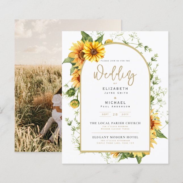 Foto Hochzeit Einladung mit Sonnenblumen (Vorne/Hinten)