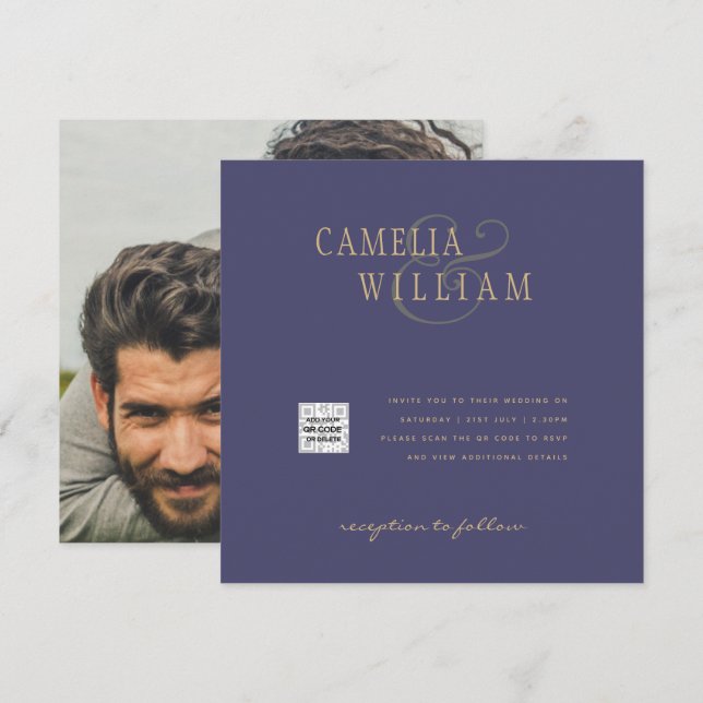 Foto Hochzeit Einladung QRCode UAWG Dark Lila (Vorne/Hinten)