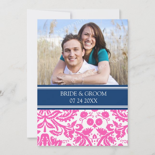 Foto Hochzeit Einladungen Blauer Rosa Damast (Vorderseite)