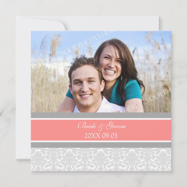 Foto Hochzeit Einladungen Coral Gray Damask (Vorderseite)