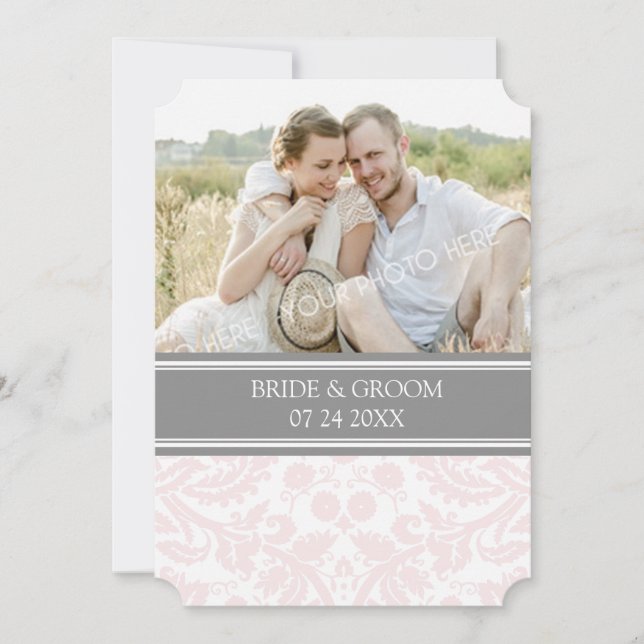 Foto Hochzeit Einladungen Grau Pink Damask (Vorderseite)