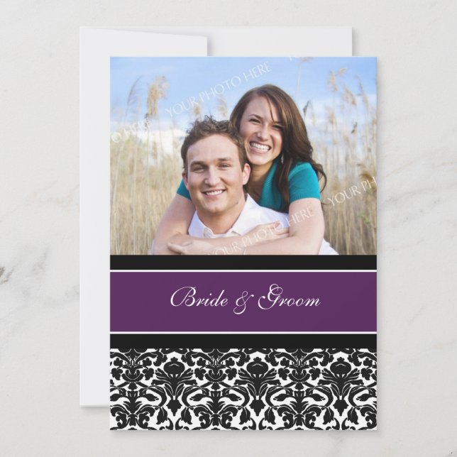 Foto Hochzeit Einladungen Plum Black Damask (Vorderseite)