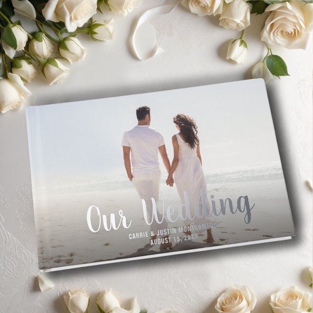 Foto Hochzeit Gästebuch (Wedding guest book features your photo with details in real foil, silver, gold or rose gold)