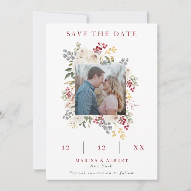 Foto Hochzeit im Winter mit Berries & White Roses Save The Date (Vorderseite)